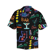 Sonoma Rebel black Hawaiian shirt with neon cocktail and bar signs print. Short sleeves, notch collar, polyester-spandex blend.
