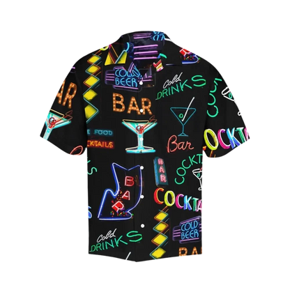 Sonoma Rebel black Hawaiian shirt with neon cocktail and bar signs print. Short sleeves, notch collar, polyester-spandex blend.