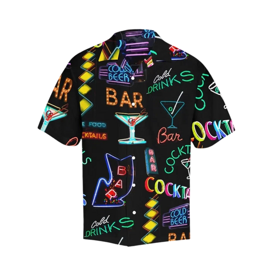 Sonoma Rebel black Hawaiian shirt with neon cocktail and bar signs print. Short sleeves, notch collar, polyester-spandex blend.