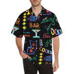 Sonoma Rebel men's black Hawaiian shirt with a vibrant neon cocktail and bar sign print. Short sleeves, notch collar, polyester-spandex blend.