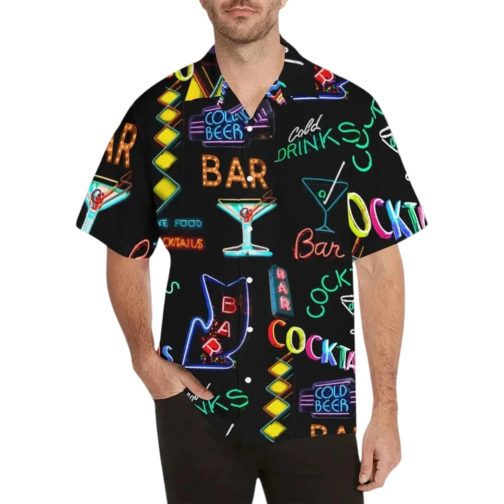 Sonoma Rebel men's black Hawaiian shirt with a vibrant neon cocktail and bar sign print. Short sleeves, notch collar, polyester-spandex blend.