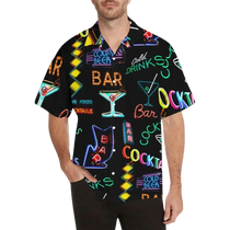 Sonoma Rebel men's black Hawaiian shirt with a vibrant neon cocktail and bar sign print. Short sleeves, notch collar, polyester-spandex blend.
