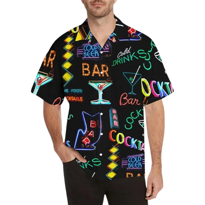 Sonoma Rebel men's black Hawaiian shirt with a vibrant neon cocktail and bar sign print. Short sleeves, notch collar, polyester-spandex blend.