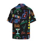 Sonoma Rebel men's black Hawaiian shirt with a vibrant neon sign print featuring cocktails, bars, and cold drinks. Short sleeves, notch collar.