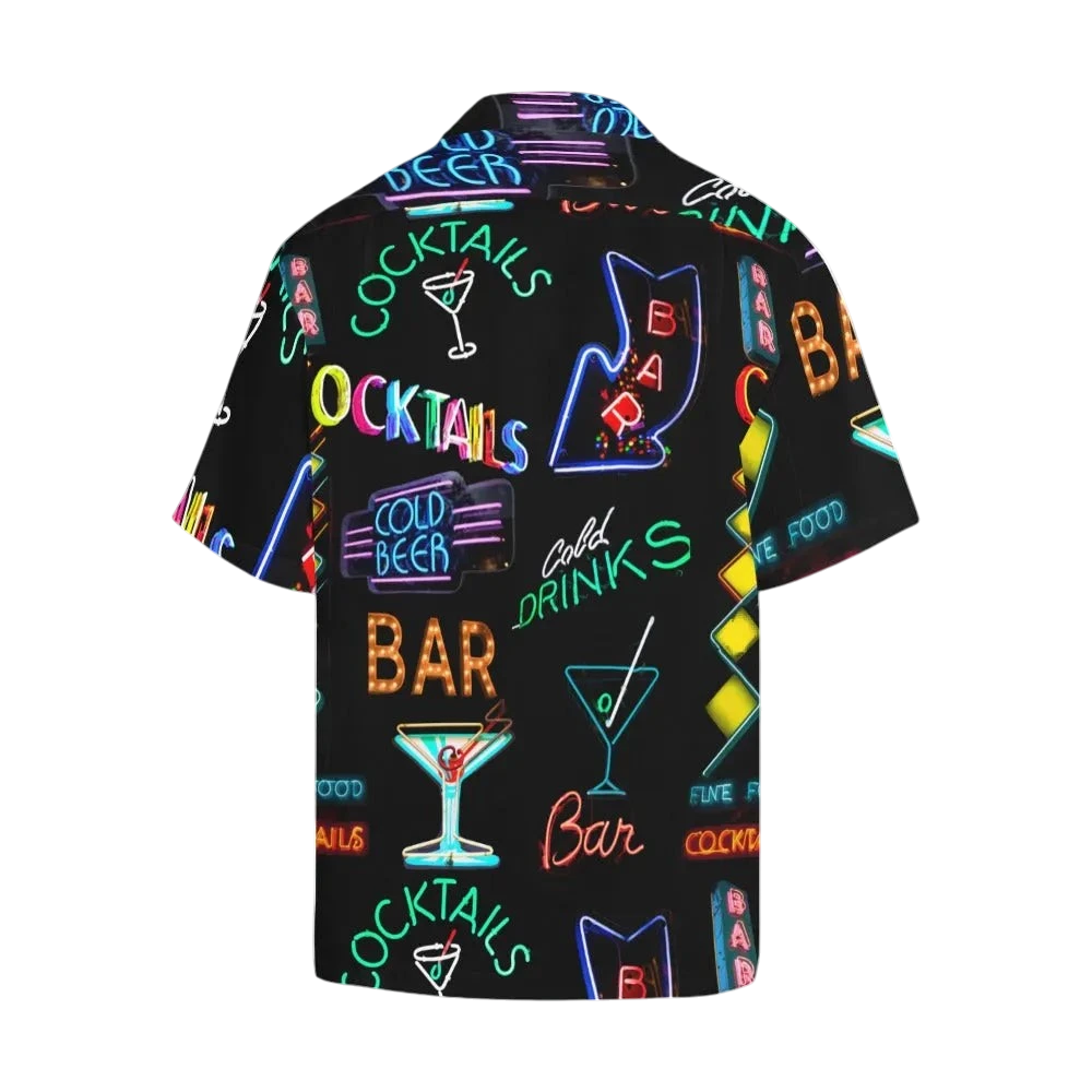 Sonoma Rebel men's black Hawaiian shirt with a vibrant neon sign print featuring cocktails, bars, and cold drinks. Short sleeves, notch collar.