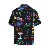 Sonoma Rebel men's black Hawaiian shirt with a vibrant neon sign print featuring cocktails, bars, and cold drinks. Short sleeves, notch collar.