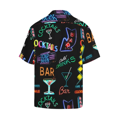 Sonoma Rebel men's black Hawaiian shirt with a vibrant neon sign print featuring cocktails, bars, and cold drinks. Short sleeves, notch collar.