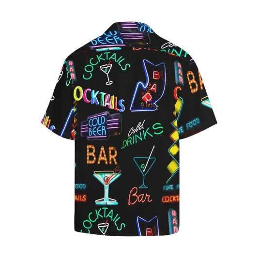Sonoma Rebel men's black Hawaiian shirt with a vibrant neon sign print featuring cocktails, bars, and cold drinks. Short sleeves, notch collar.