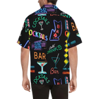 Sonoma Rebel men's black Hawaiian shirt with neon cocktail and bar signs print. Short sleeves, notch lapel collar.
