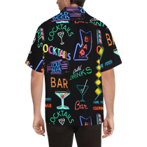 Sonoma Rebel men's black Hawaiian shirt with neon cocktail and bar signs print. Short sleeves, notch lapel collar.