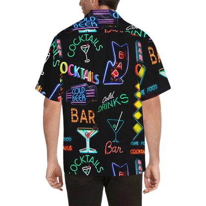 Sonoma Rebel men's black Hawaiian shirt with neon cocktail and bar signs print. Short sleeves, notch lapel collar.