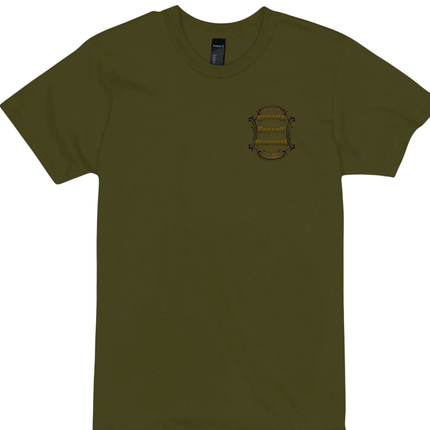 Sonoma Rebel olive green cotton t-shirt with a small Sonoma County California emblem on the left chest.