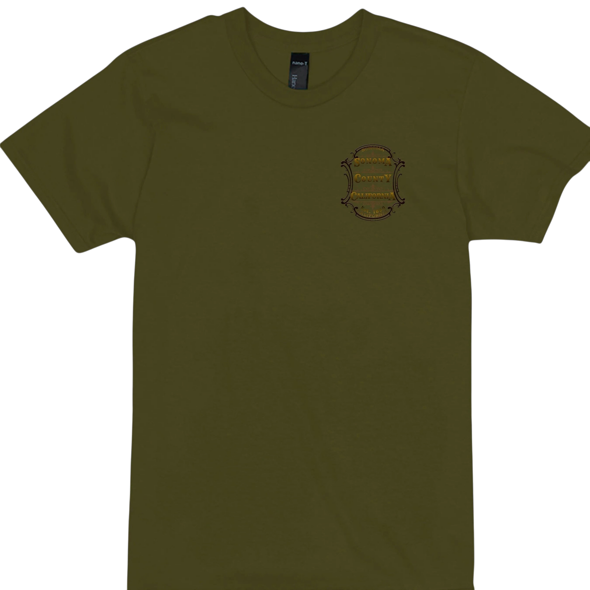 Sonoma Rebel olive green cotton t-shirt with a small Sonoma County California emblem on the left chest.