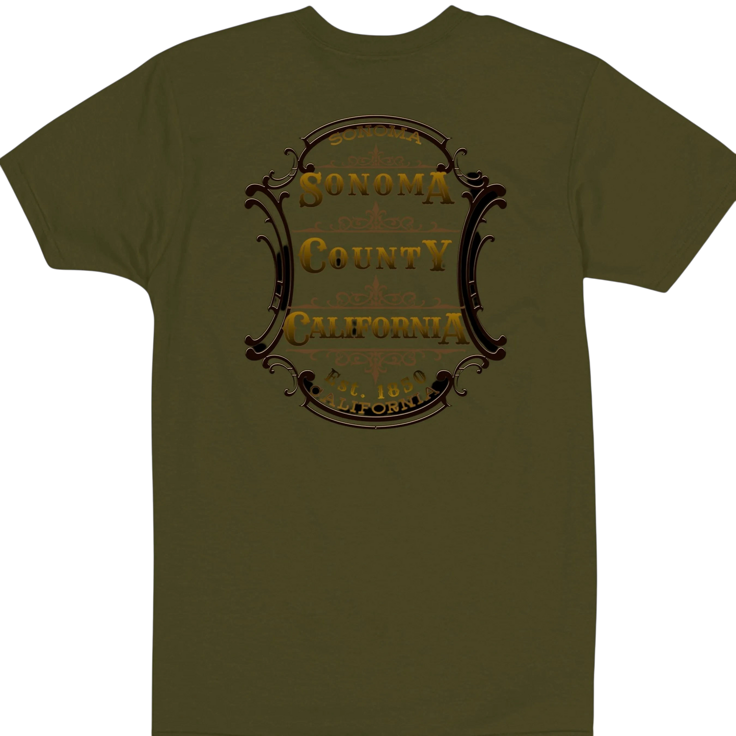 Sonoma Rebel olive green cotton t-shirt with a vintage Sonoma County California emblem graphic. Semi-fit.