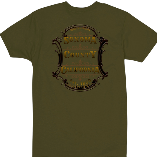 Sonoma Rebel olive green cotton t-shirt with a vintage Sonoma County California emblem graphic. Semi-fit.