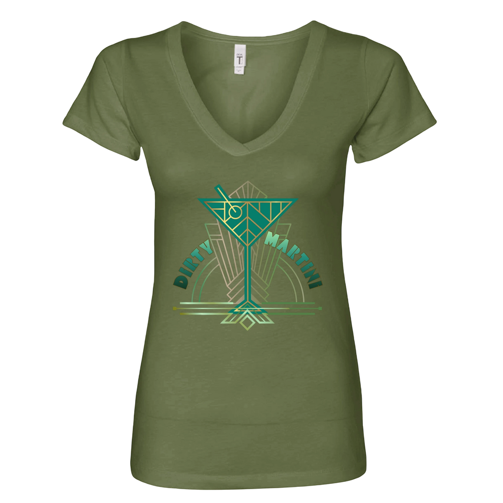 Sonoma Rebel olive green cotton v-neck t-shirt with a geometric 'Dirty Martini' graphic in teal and gold.