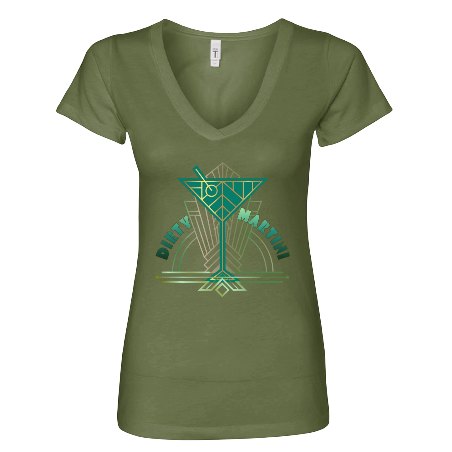 Sonoma Rebel olive green cotton v-neck t-shirt with a geometric 'Dirty Martini' graphic in teal and gold.