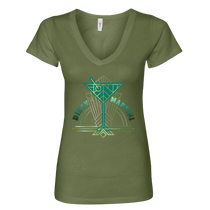 Sonoma Rebel olive green cotton v-neck t-shirt with a geometric 'Dirty Martini' graphic in teal and gold.