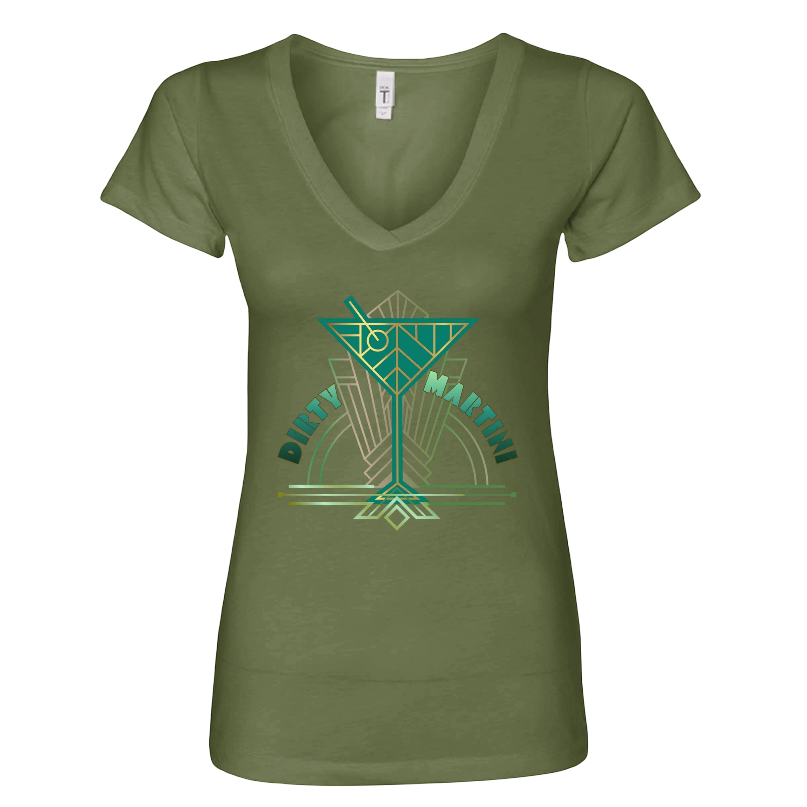 Sonoma Rebel olive green cotton v-neck t-shirt with a geometric 'Dirty Martini' graphic in teal and gold.