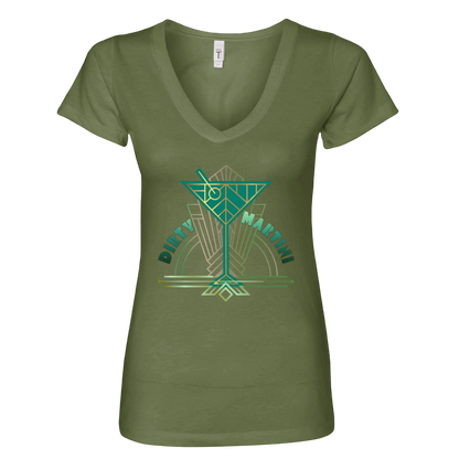 Sonoma Rebel olive green cotton v-neck t-shirt with a geometric 'Dirty Martini' graphic in teal and gold.