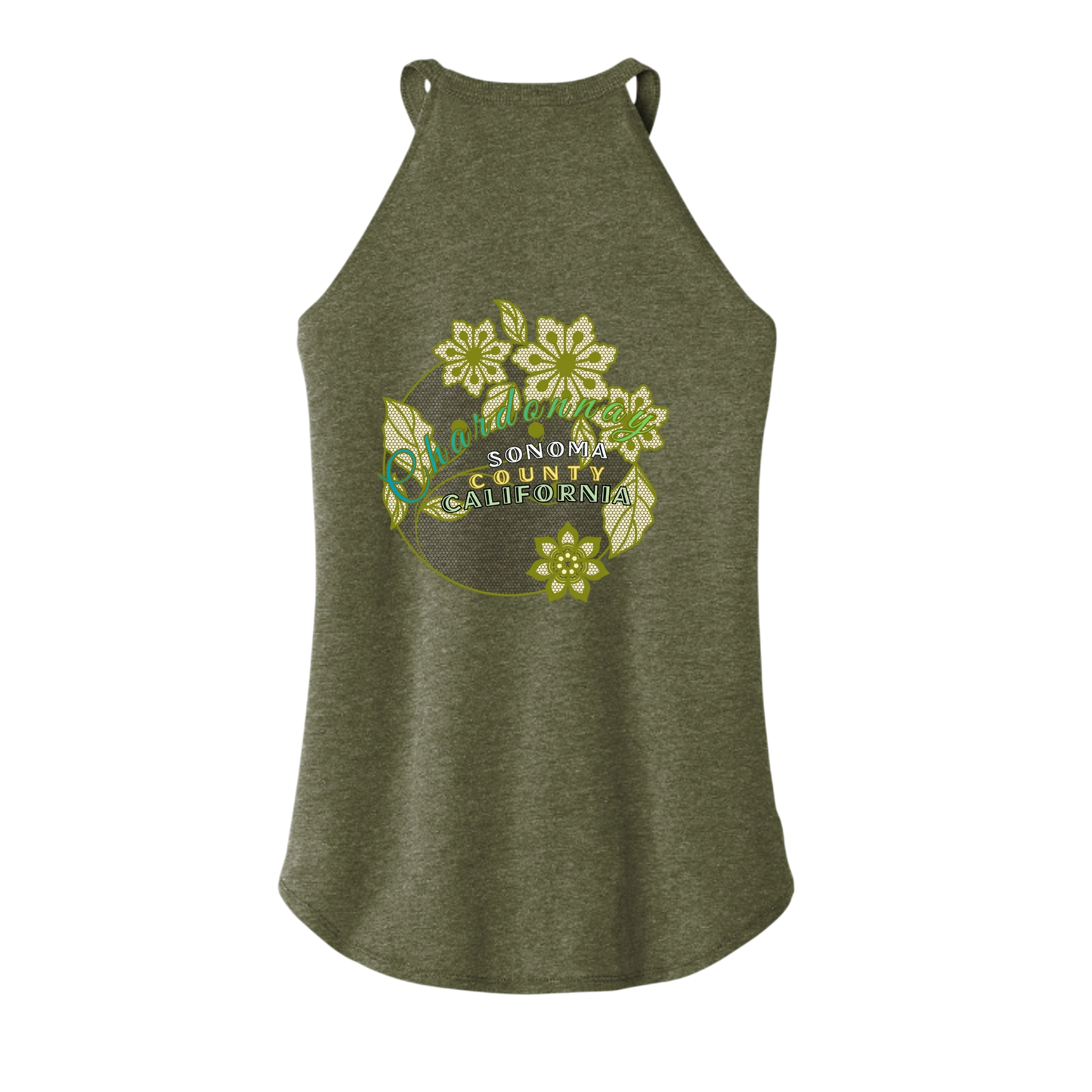 Sonoma Rebel women's olive green tri-blend tank top with a curved hem and a graphic print that says "Chardonnay Sonoma County California" with floral accents.