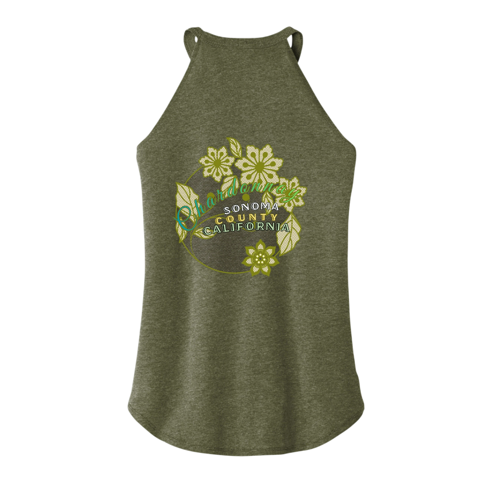 Sonoma Rebel women's olive green tri-blend tank top with a curved hem and a graphic print that says "Chardonnay Sonoma County California" with floral accents.