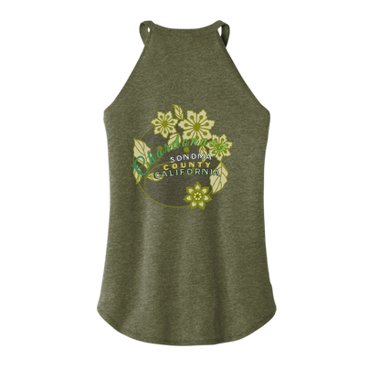 Sonoma Rebel women's olive green tri-blend tank top with a curved hem and a graphic print that says "Chardonnay Sonoma County California" with floral accents.