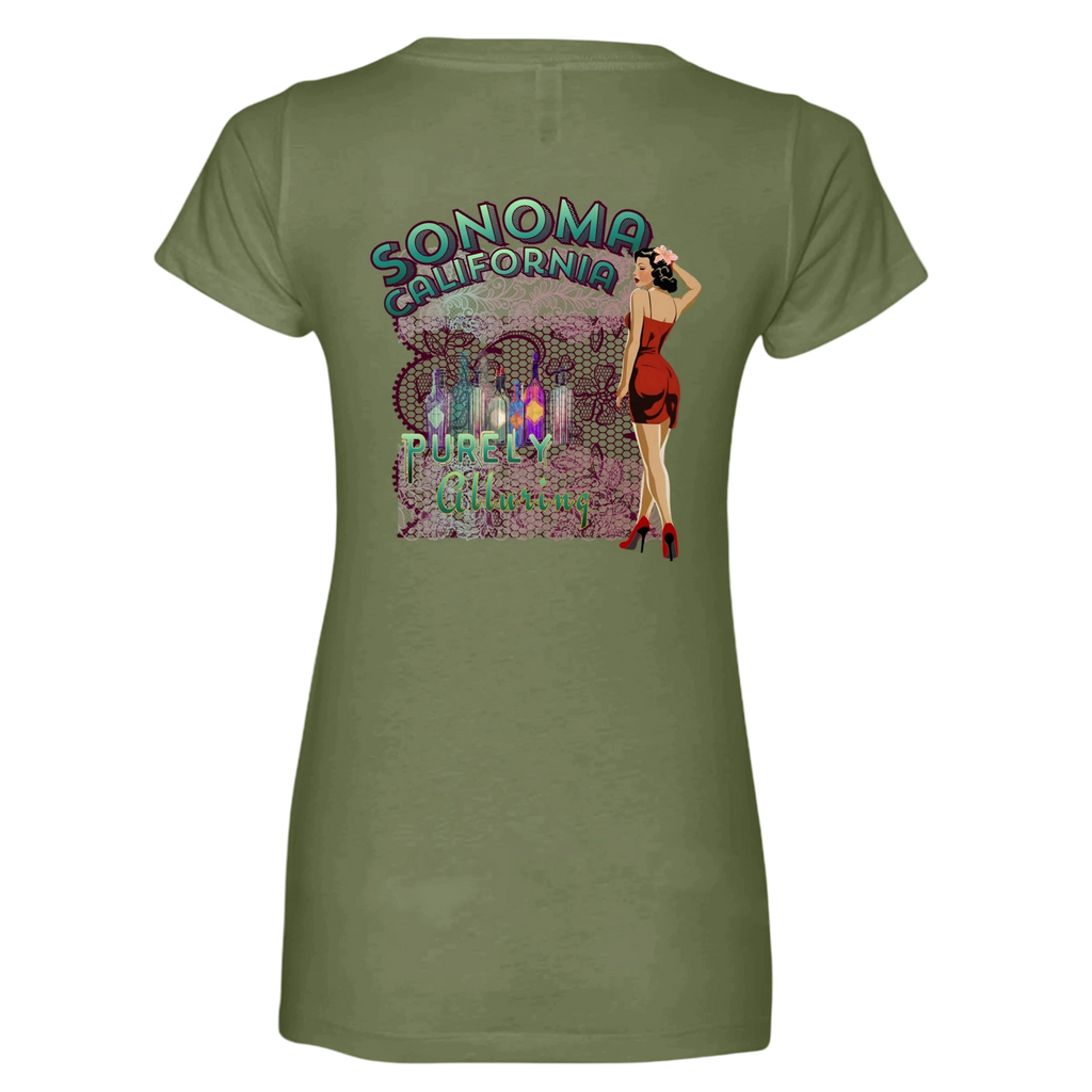 Sonoma Rebel women's olive green V-neck t-shirt with a graphic print of a pin-up girl, wine bottles, and text.