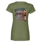 Sonoma Rebel women's olive green V-neck t-shirt with a graphic print of a pin-up girl, wine bottles, and text.