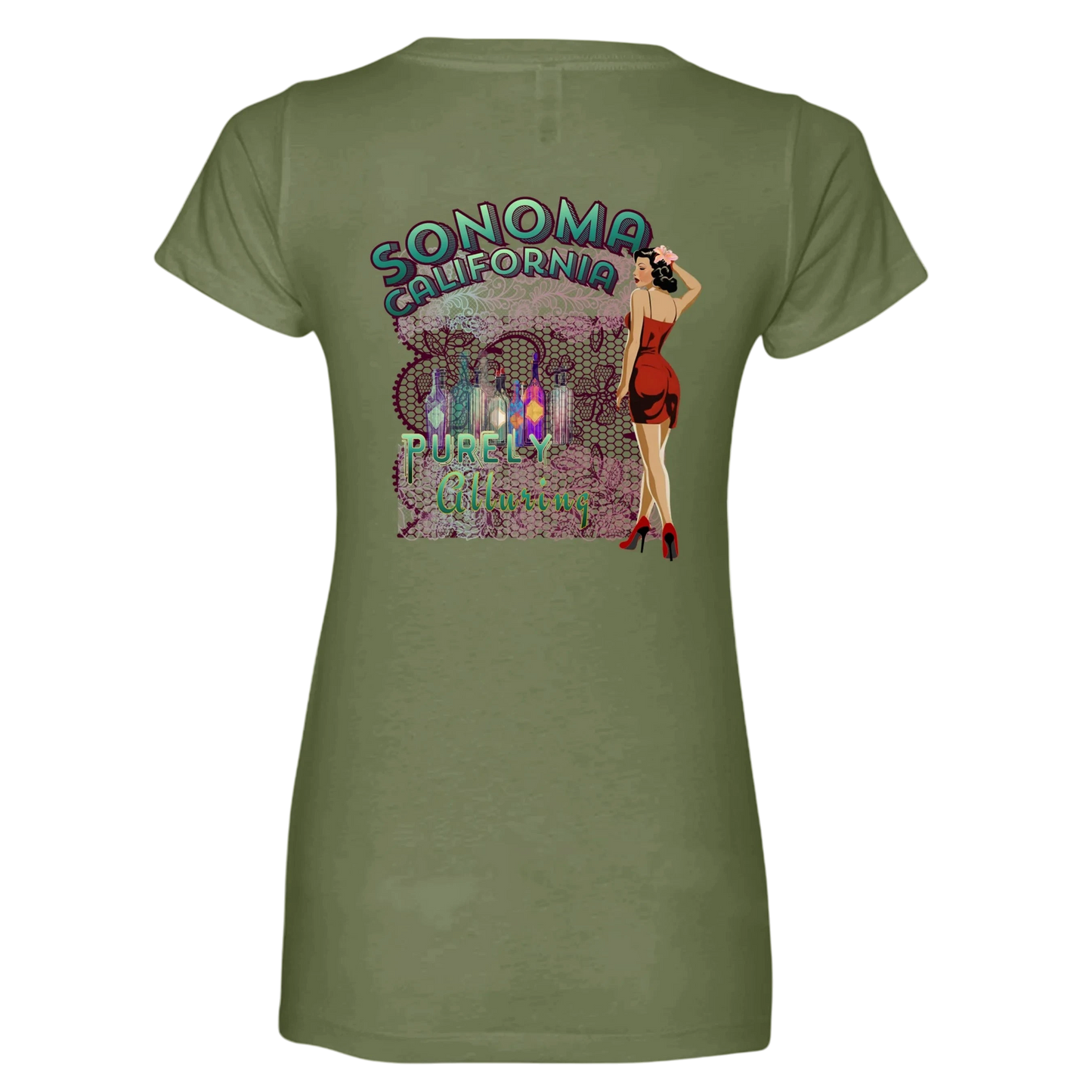 Sonoma Rebel women's olive green V-neck t-shirt with a graphic print of a pin-up girl, wine bottles, and text.
