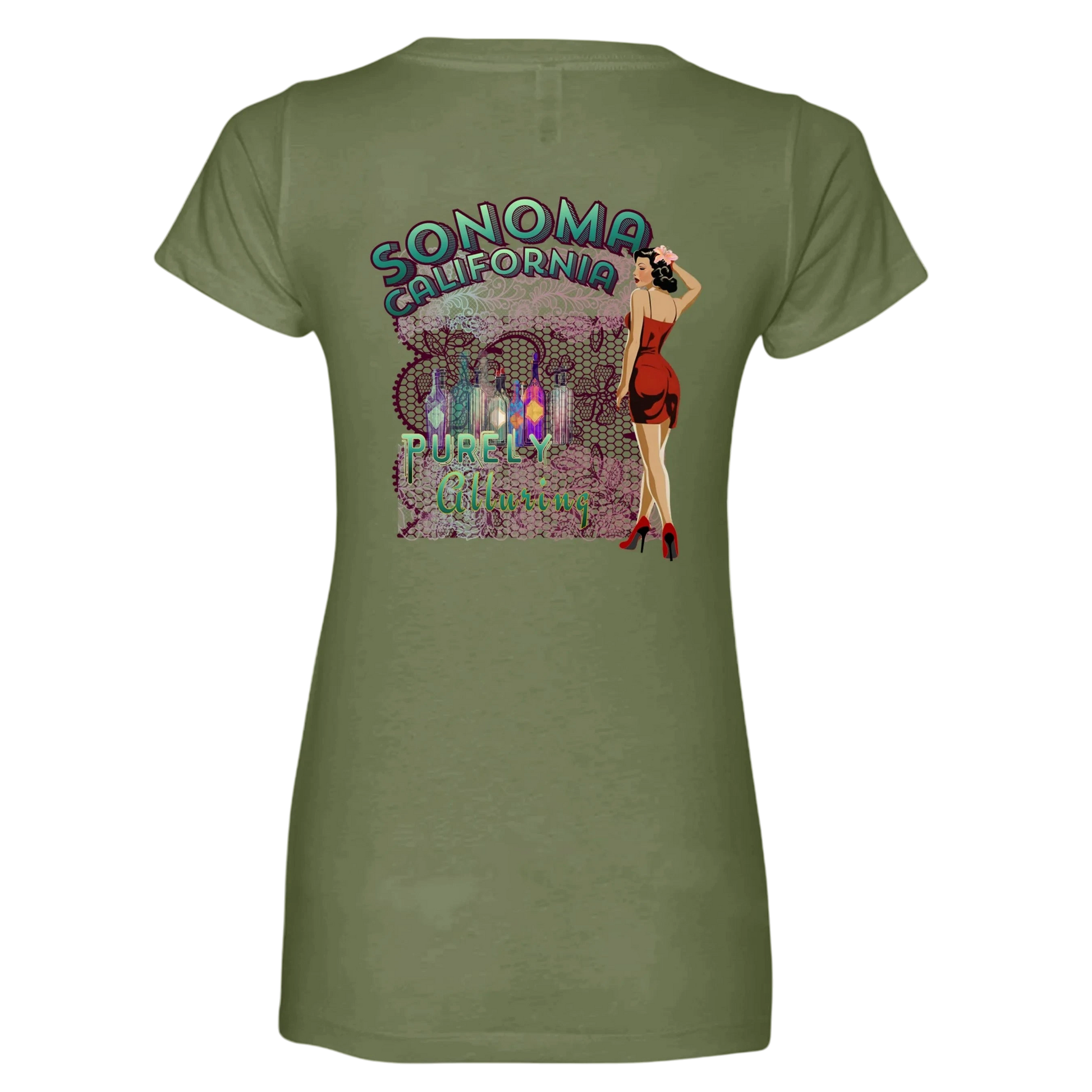 Sonoma Rebel women's olive green V-neck t-shirt with a graphic print of a pin-up girl, wine bottles, and text.