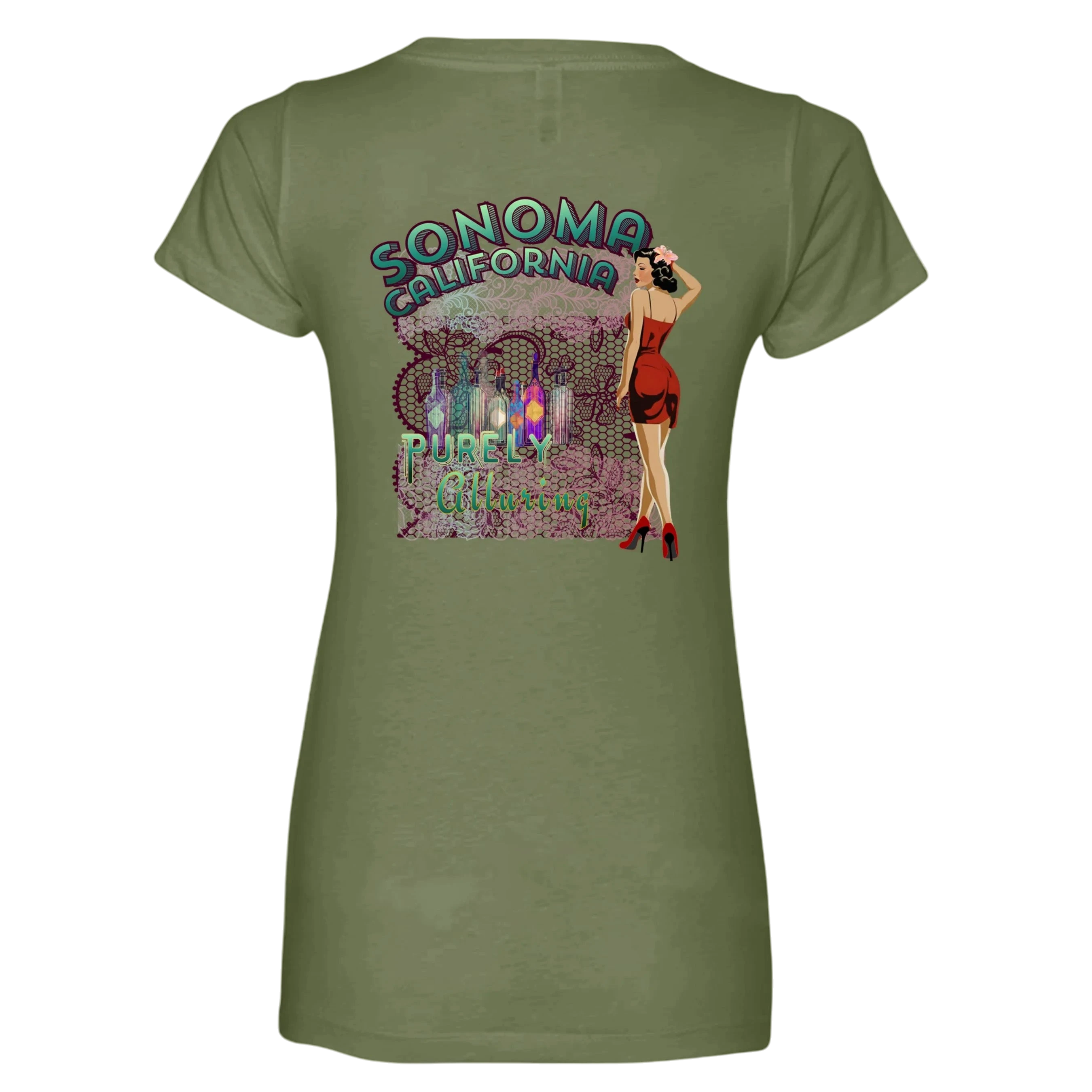 Sonoma Rebel women's olive green V-neck t-shirt with a graphic print of a pin-up girl, wine bottles, and text. Main image