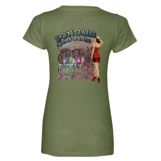 Sonoma Rebel women's olive green V-neck t-shirt with a graphic print of a pin-up girl, wine bottles, and text.