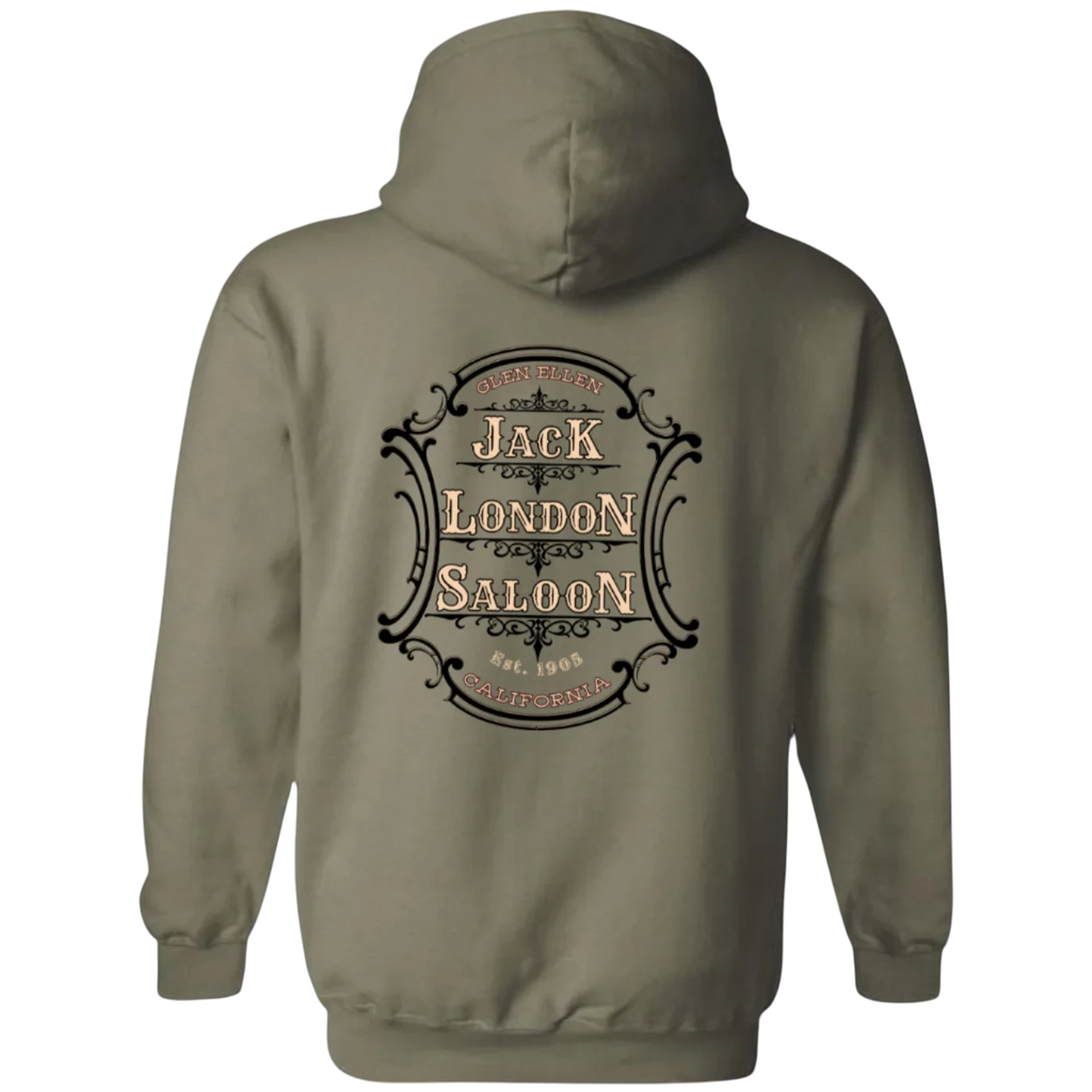 Sonoma Rebel olive green cotton blend hoodie with Jack London Saloon emblem graphic on back.