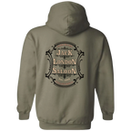 Sonoma Rebel olive green cotton blend hoodie with Jack London Saloon emblem graphic on back.