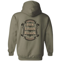 Sonoma Rebel olive green cotton blend hoodie with Jack London Saloon emblem graphic on back.