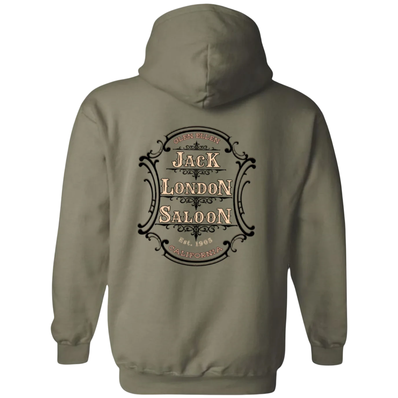 Sonoma Rebel olive green cotton blend hoodie with Jack London Saloon emblem graphic on back.