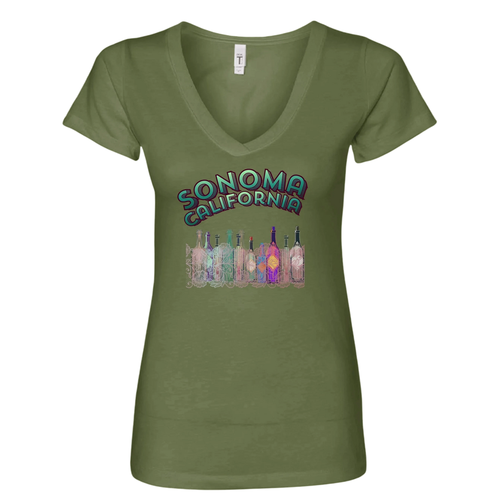 Sonoma Rebel olive green V-neck t-shirt with "SONOMA CALIFORNIA" graphic and colorful wine bottles.