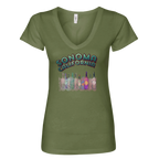 Sonoma Rebel olive green V-neck t-shirt with "SONOMA CALIFORNIA" graphic and colorful wine bottles.