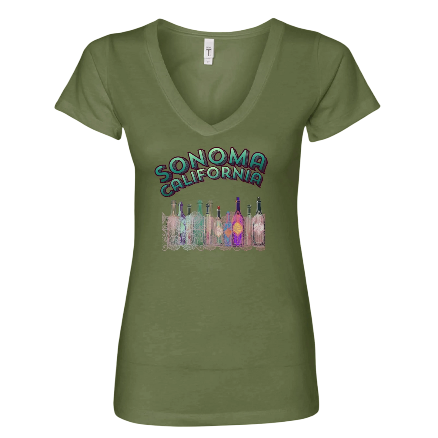 Sonoma Rebel olive green V-neck t-shirt with "SONOMA CALIFORNIA" graphic and colorful wine bottles.