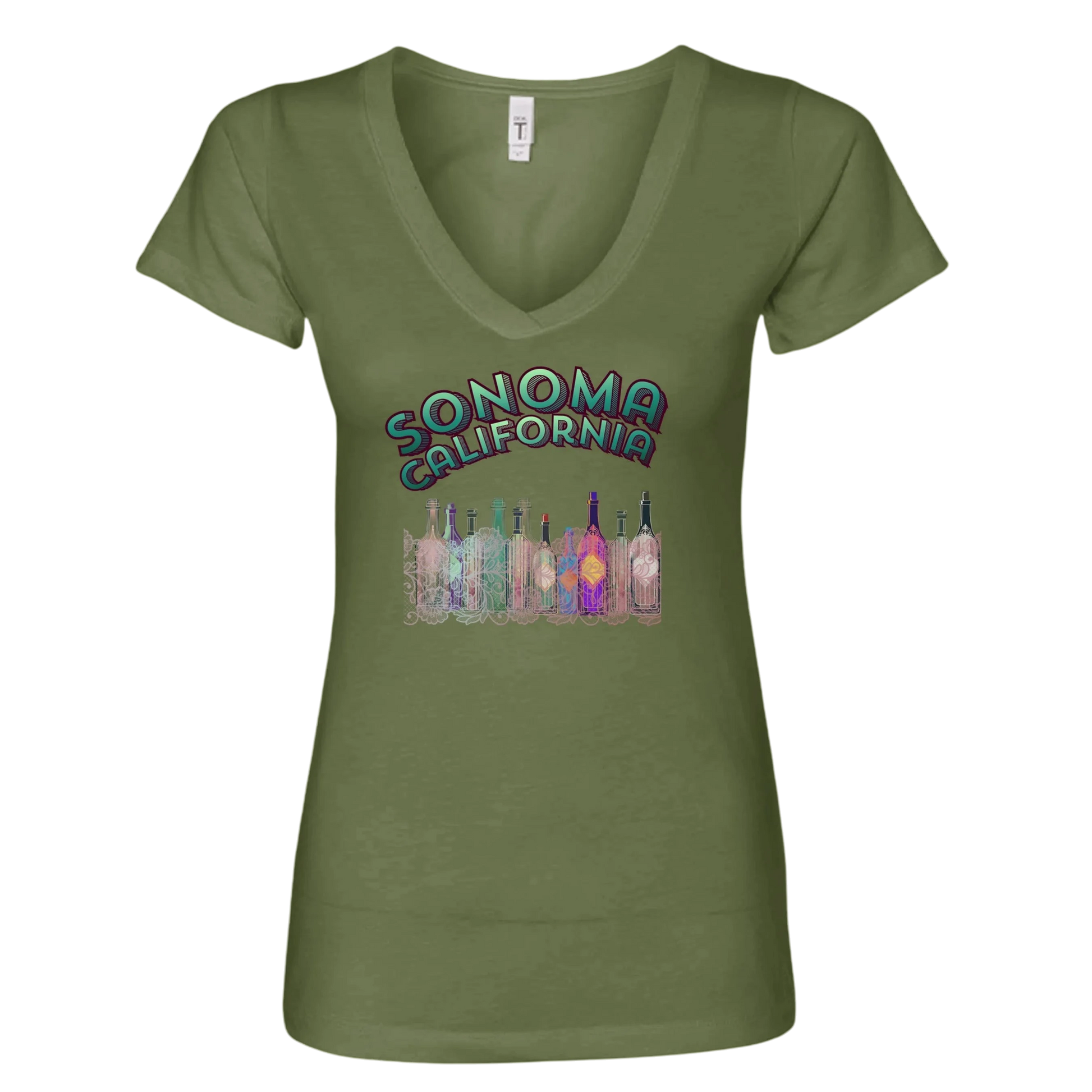 Sonoma Rebel olive green V-neck t-shirt with "SONOMA CALIFORNIA" graphic and colorful wine bottles.