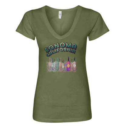 Sonoma Rebel olive green V-neck t-shirt with "SONOMA CALIFORNIA" graphic and colorful wine bottles.