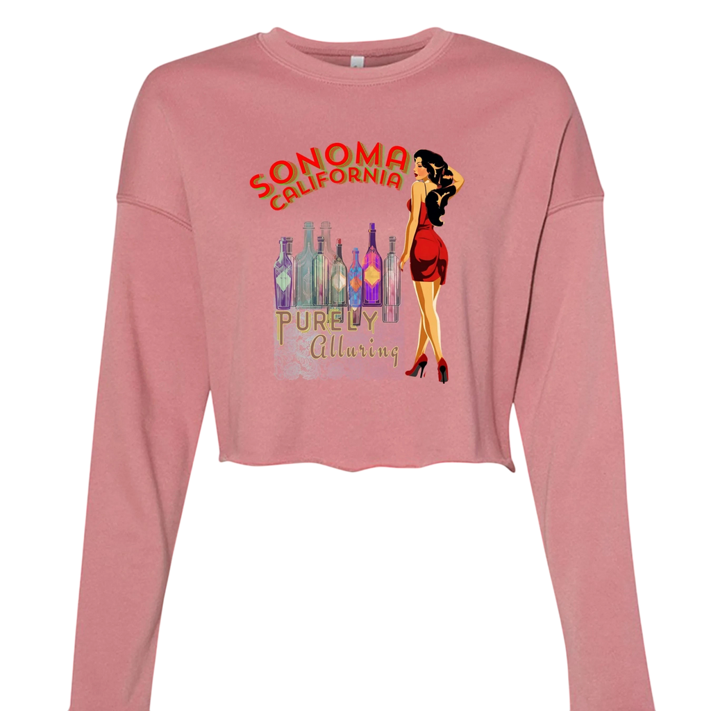 Sonoma Rebel pink cropped sweatshirt with vintage graphic of wine bottles and pin-up girl, raw hem.