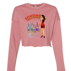 Sonoma Rebel pink cropped sweatshirt with vintage graphic of wine bottles and pin-up girl, raw hem.