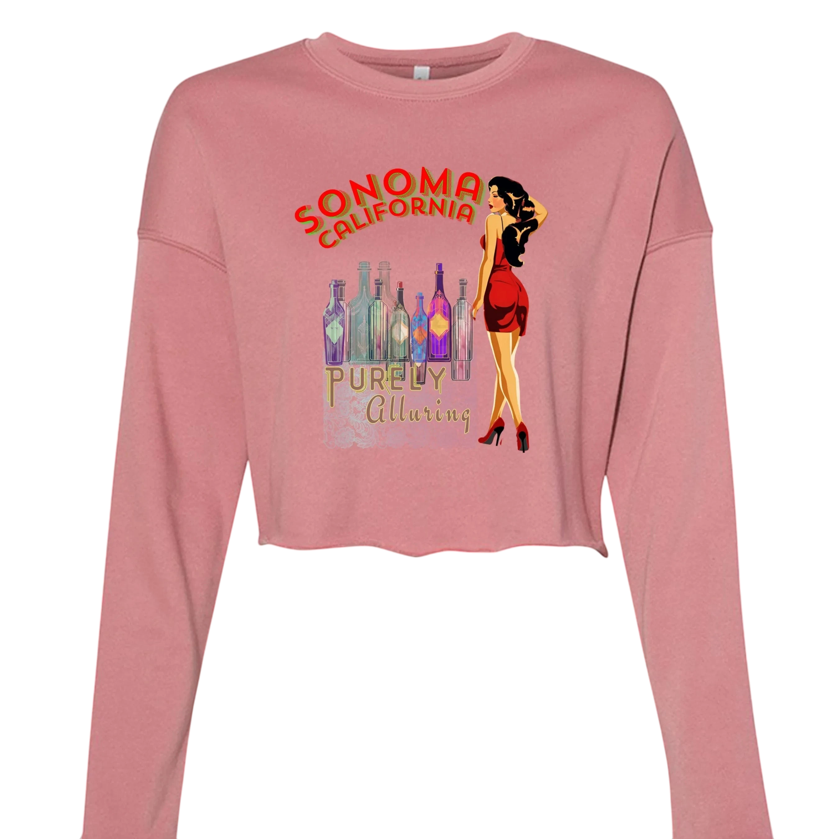 Sonoma Rebel pink cropped sweatshirt with vintage graphic of wine bottles and pin-up girl, raw hem.