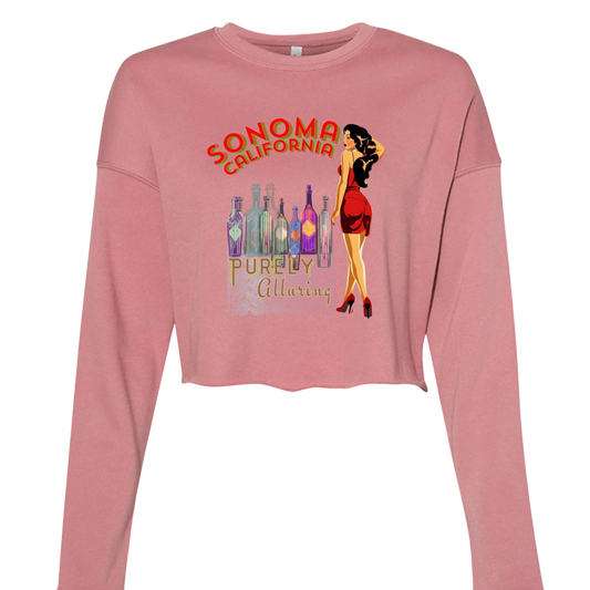 Sonoma Rebel pink cropped sweatshirt with vintage graphic of wine bottles and pin-up girl, raw hem.