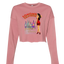 Sonoma Rebel pink cropped sweatshirt with vintage graphic of wine bottles and pin-up girl, raw hem.