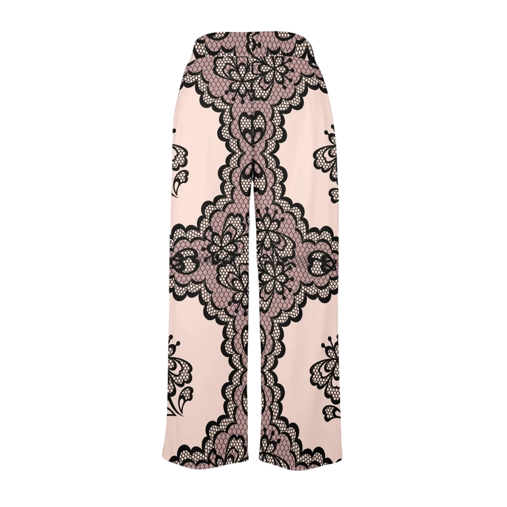 Sonoma Rebel pink wide leg lounge pants with black lace print detail. Relaxed fit, ideal for sleep or lounging.