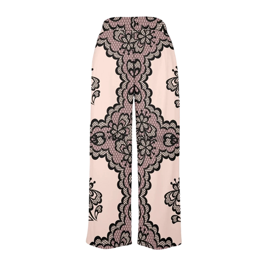 Sonoma Rebel pink wide leg lounge pants with black lace print detail. Relaxed fit, ideal for sleep or lounging.
