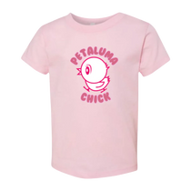 Sonoma Rebel pink cotton t-shirt for toddler girls with a cute chick graphic and "Petaluma Chick" text.